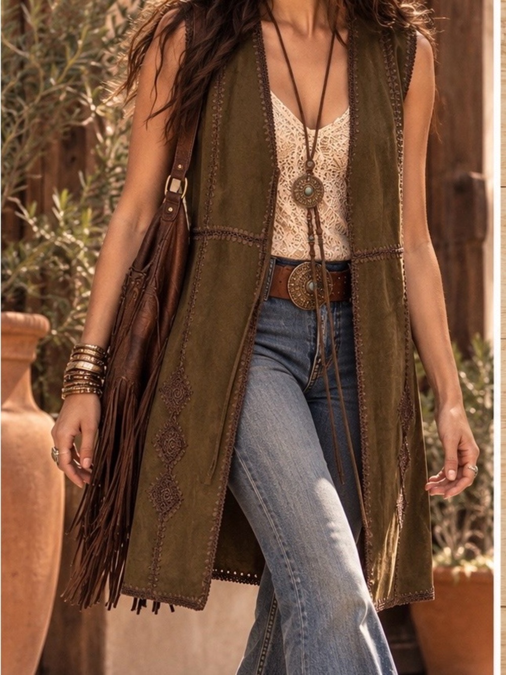 Zara Woman Long Faux Suede Boho Crochet Vest Size M
